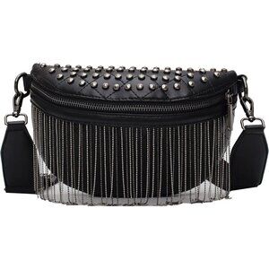 💫 Glt.etl Faux leather Fringe Women Black Chest Quilted Rivet Tassel Waist Bag